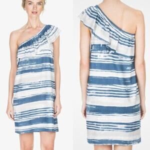 Lilla P. Blue White Stripe Ruffle One Shoulder Mini Dress L NWT